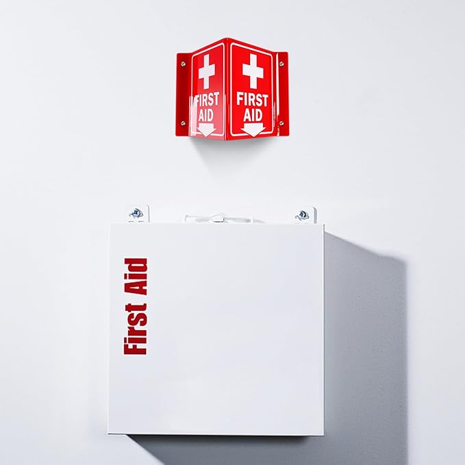 Faittoo First Aid Sign, 5 Pack First Aid with Cross Symbol - 6 x 8 Inches V-Shaped Acrylic Plastic, 4 Pre-Drilled Holes, Includes Matching Screws, Use for Home Office/Business