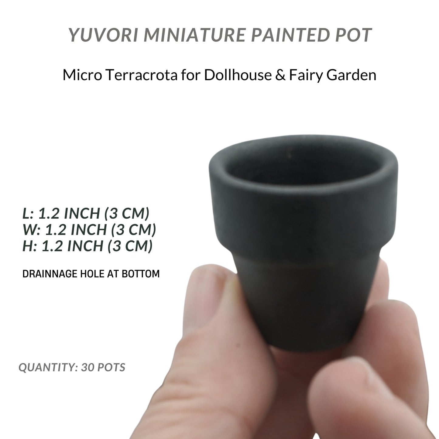 Yuvori Mini Pastel Terracotta Pots for Micro Gardens – 30 Pack, 1.7” Tiny Breathable Clay Planters, Macaron Colors, for Moss, Fairy Gardens, Dollhouses, and Succulents (Painted Black, 1.2 Inch)