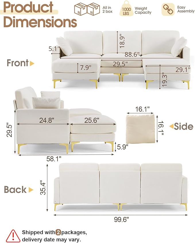 Karl home 99.6" Sectional Sofa, U-Shaped Chenille Upholstered Couch