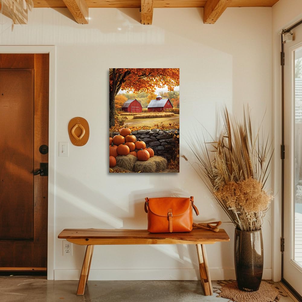 CGXLB Autumn Pumpkin Patch Wall Art Rustic Farmhouse Paintings Barn Harvest Picture Countryside Seasonal Canvas Prints Fall Decor for Living Room Dining Room 12"x18"