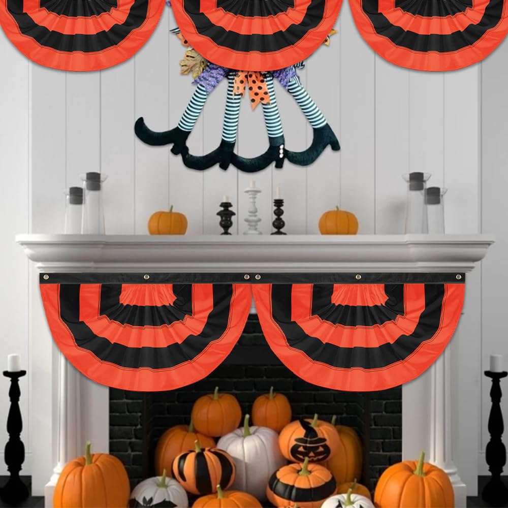 LinaGarten Halloween Bunting Flag 2 x 4 ft Fully Sewn Orange & Black 5 Stripe with 3 Grommets Pleated Half Fan Flag Bunting Banner Trick or Treat Halloween Decor Outside Porch Garden Outdoor Yard Indoor Home