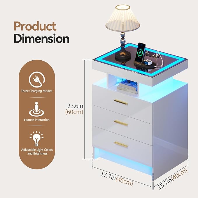 White Night Stand Set 2 with Wireless Charging Station, Smart Bedside Table