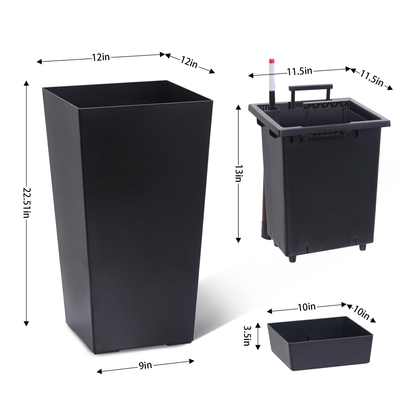 22 Inch Tall Planters Set of 2, Self-Watering Large Outdoor Indoor Planter Pots with Drainage Holes & Water Level Monitor, Planters with Inner Bucket and Movable Wheels for Patio, Front Porch, Garden