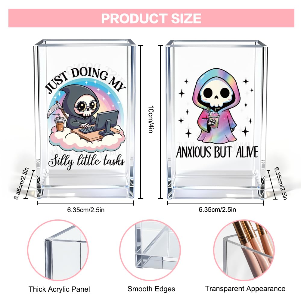 Vgrti Anxious But Alive Just Doing My Silly Little Tasks Acrylic Pen Holder Cup Set 2, Cute Pencil Holder Desk Organizer, Funny Skeleton Desk Decor, Office Sarcastic Gifts for Women Men Adult Coworker