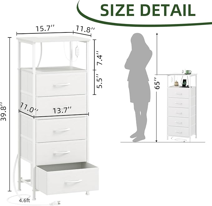 Somdot White Nightstand with Charging Station and LED Light