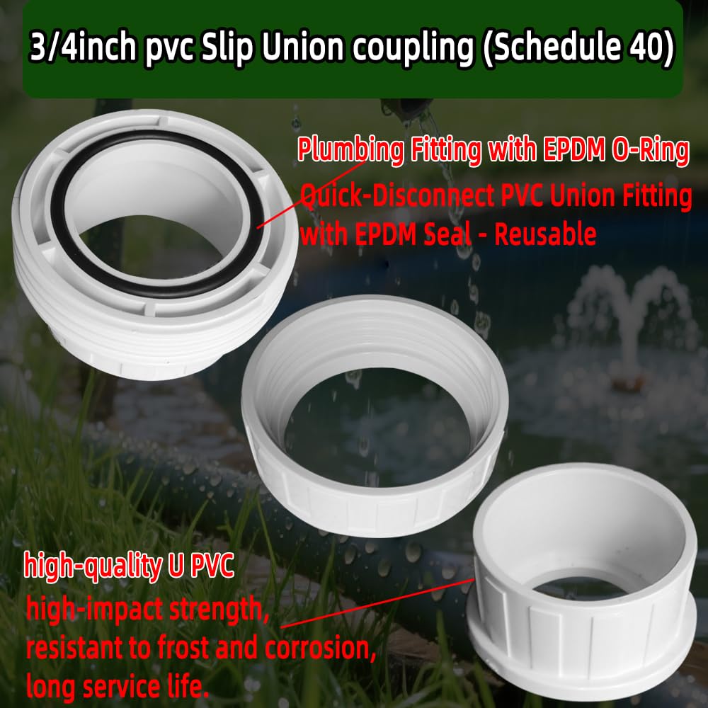 6Pcs 3/4" PVC Union Coupling Pipe Fitting (Socket x Socket),SCH40,Plumbing Fitting with EPDM O-Ring, White,Quick-Connect PVC Couplings for Farm Irrigation, Garden Watering & Pool Plumbing.