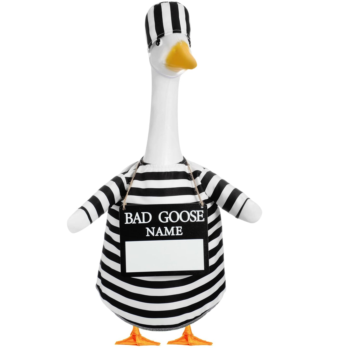 Shyyween Halloween Prisoner Porch Goose Outfit Plastic Lawn Porch Goose Statue Prisoner Clothes with Bad Name Wooden Sign for Outdoor Patio Yard Art Decoration Cosplay