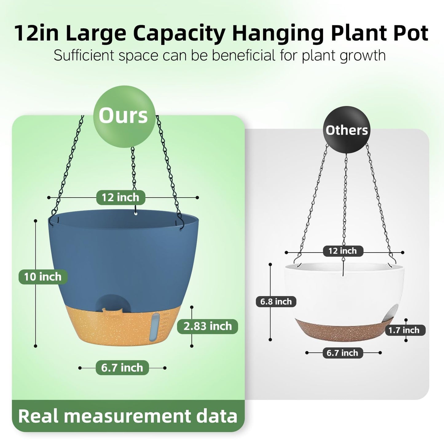 ZMTECH 12 Inch Large Self Watering Hanging Planters for Indoor Outdoor Plants - Water Level Indicator & Removable 60 Oz Reservoir, 1 Pack Plastic Hanging Basket for Window Porch Garden Balcony, Blue