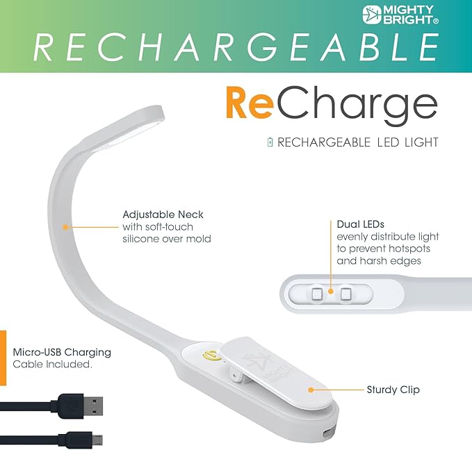 The Original Mighty Bright Recharge Clip On Rechargeable Book Light Reading Light, Warm Eye Care LEDs, Flexible, Durable, Dimmable, Perfect for Kids, Bookworms, Reading in Bed, Lasts 60 Hours (White)