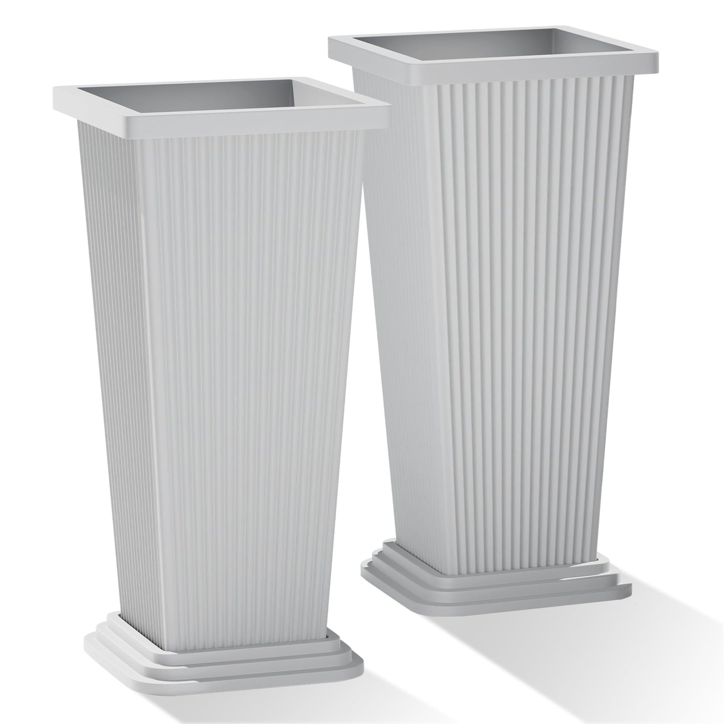PolarcoForgeco Tall Outdoor Planters Set of 2, 24" Tapered Outdoor Tall White Planter for Front Porch, Large Indoor Modern Planter Flower Pots with Tray, Drainage Holes (Ribbed)