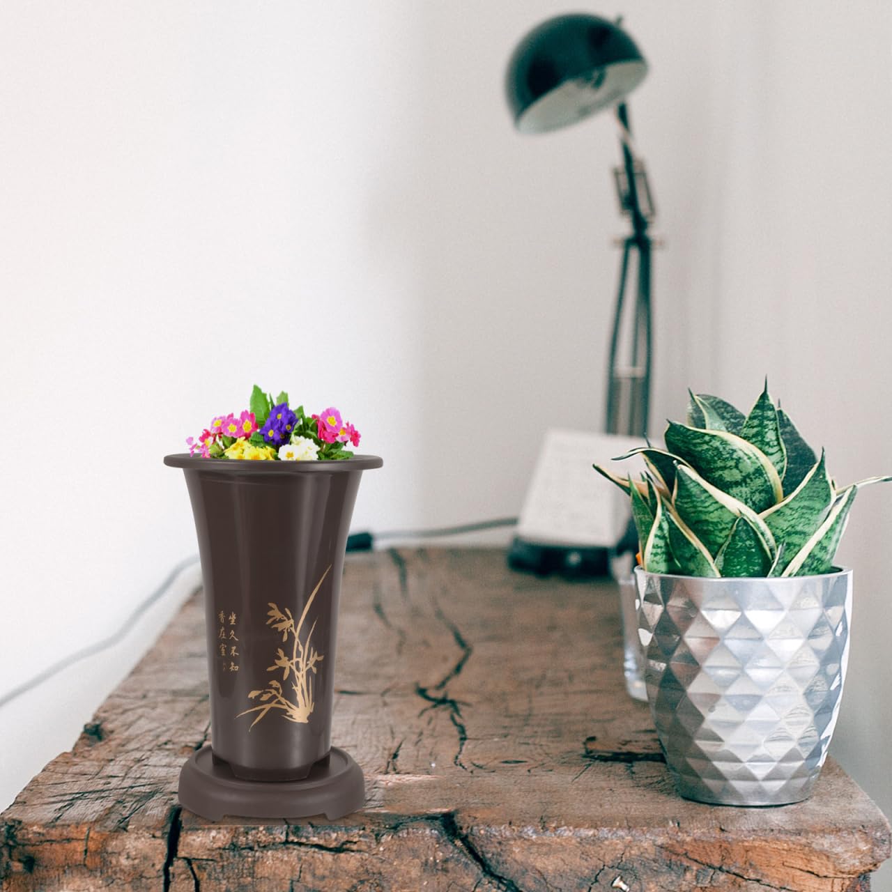 2-Pack Tall Orchid Pots with Drainage Trays, 9.4 Inch Plastic Breathable Planters for Cymbidium & Indoor Plants, Lightweight Chinese Style Bonsai Nursery Container