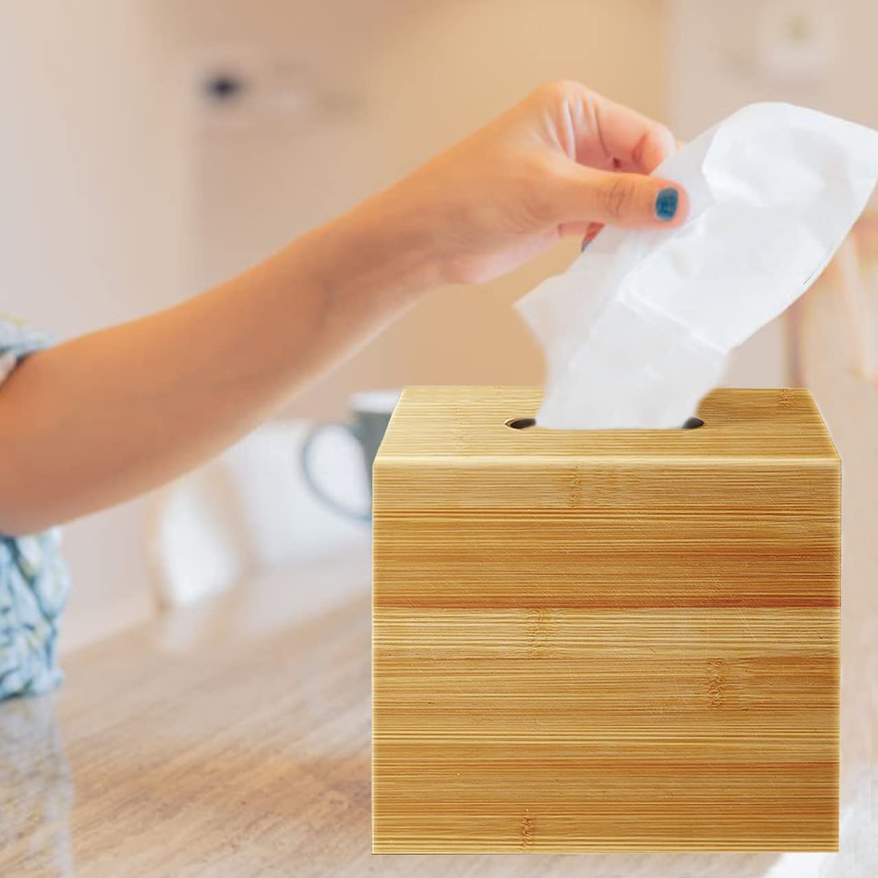 Performore Square Bamboo Tissue Box Cover - Stylish Water-Resistant Wooden Facial Tissue Holder for Bathroom, Office Desk & Nightstand - Compact 6.3" x 5.51" x 5.51" Design