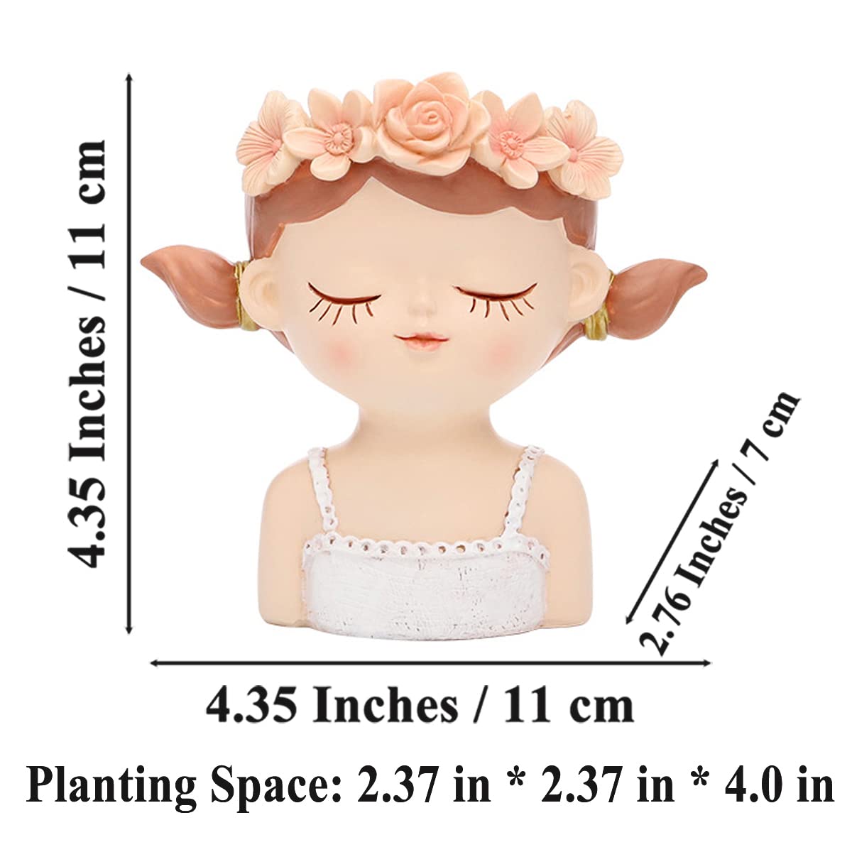 4.35" Cute Head Planter Resin Succulent Pot - Little Girl Flower Container, Human Face Cactus Plants Bonsai Holder, Thumb Fairy Figurine Statue With Drainage - Decor Gift