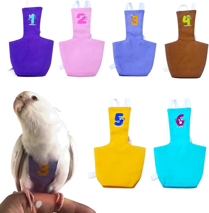 Bird Diaper Protective Parrot Nappy - 6 Pack, Reusable Flight Suit with Waterproof Inner Layer, Washable Cute Urine Wet Suit for Cockatiel Conure Macaw Lovebird (Sulphur-Crested Cockatoo)