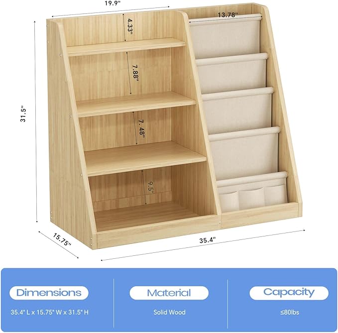EXPERLAM Kids Bookshelf and Toy Storage Organizer, 4 Tier Wooden Kids Book Shelf