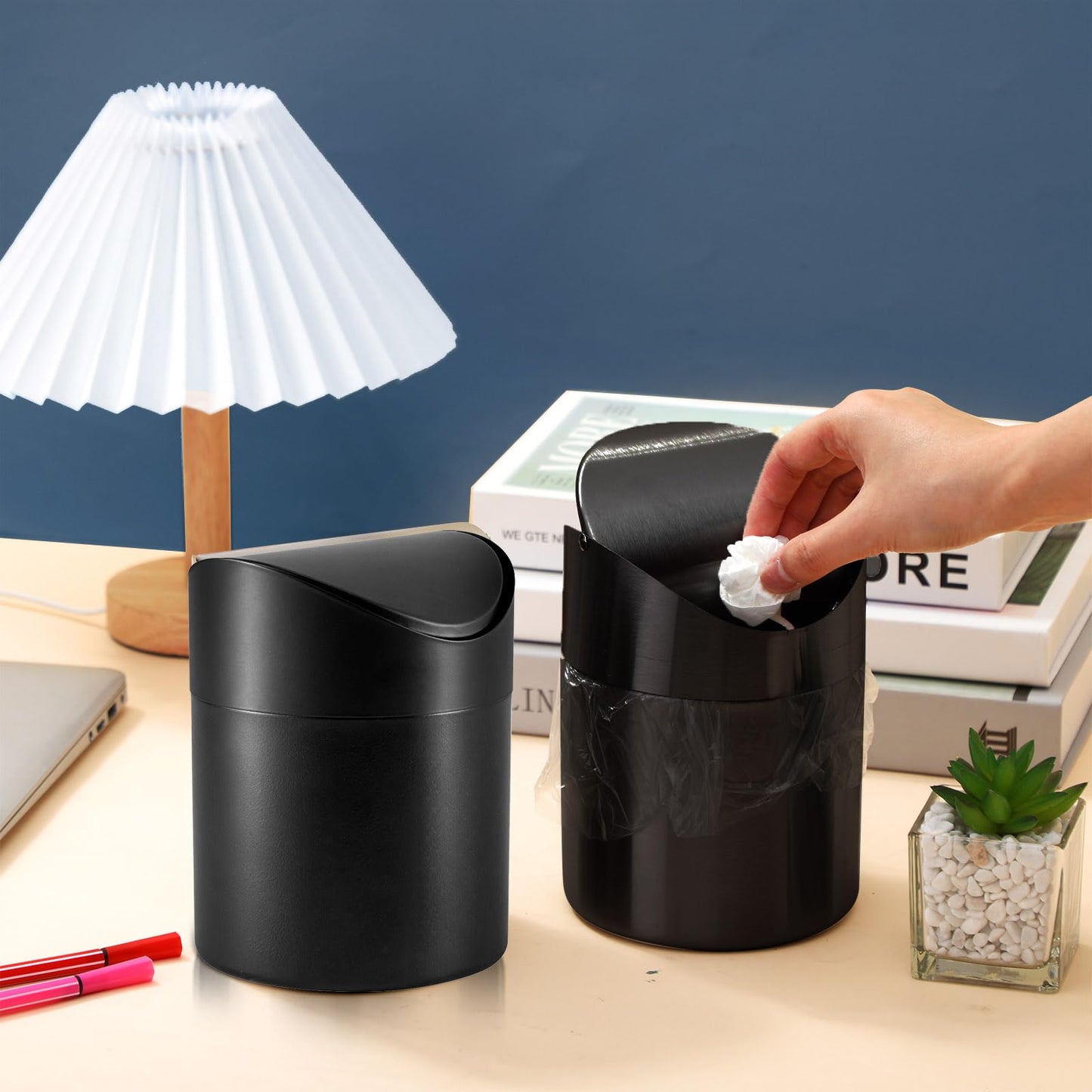 Yiyiring 2 Pcs Desk Trash Can with Swing Lids, 12 Rolls of Trash Bags, 2L Brushed Stainless Steel Countertop Garbage Bin Small Wastebasket with Lid for Office Desk, Coffee Table (Black)