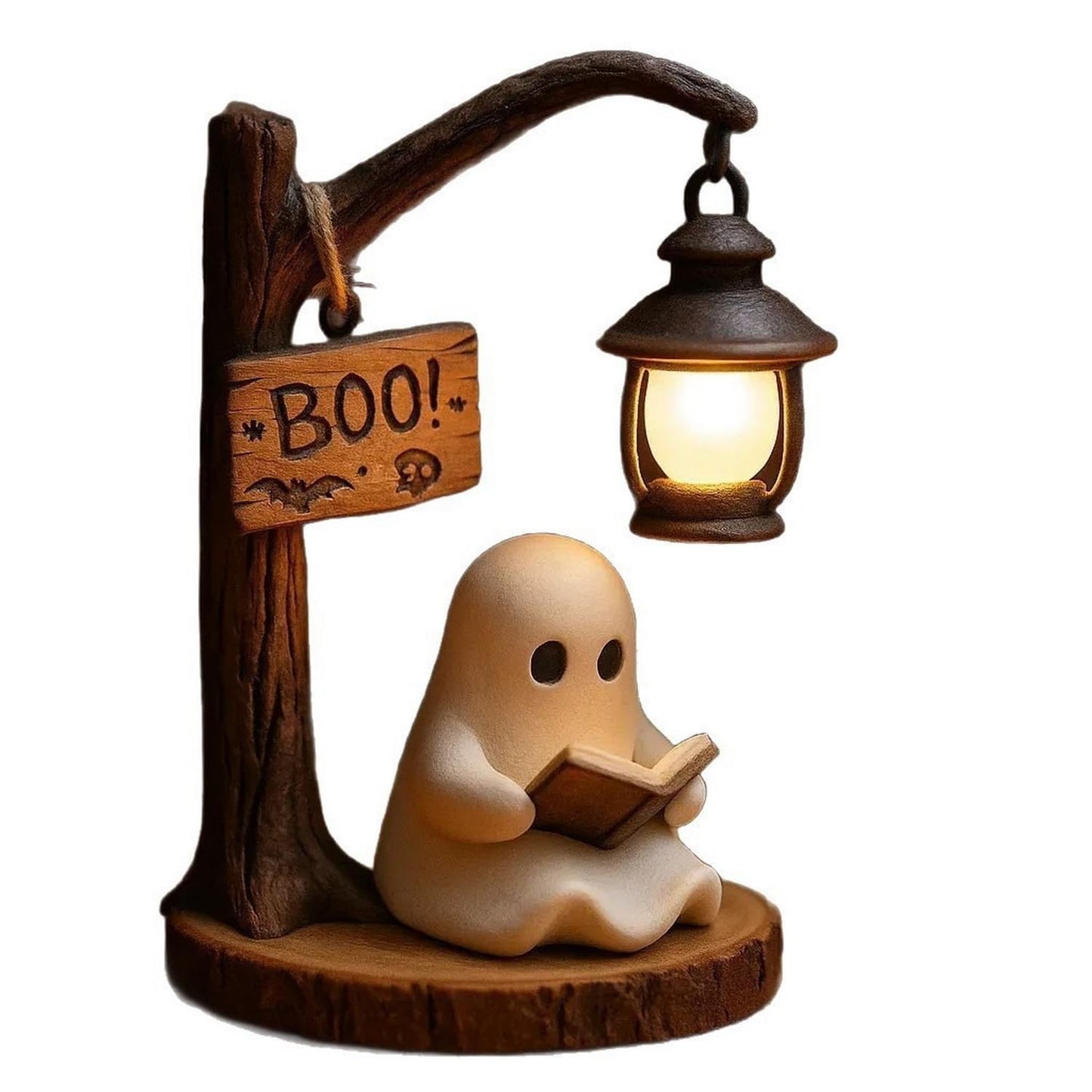 BHOOKA Halloween Ghost Figurine Statue Cute Ghost Reading Book Lamp Designs 3D Unique Night Light Gifts Tabletop Ornament Decoration Cartoon Resin Sculpture for Holiday Decor Supplies