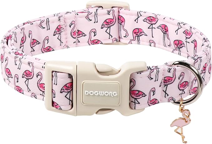 DOGWONG Cute Pet Dog Collar Pink Flamingos Cotton Dog Collar- Soft Girl Puppy Adjustable Pet Collars for Small Medium Large Dogs,XL