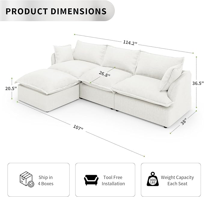 Cloud Sectional Sofa, 114.2" Large L Shape Convertible Modular Couches