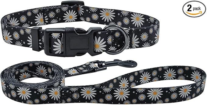 Dog Collar Leash Set, Floral Pattern, Polyester Material, Adjustable Collar and 5ft Matching Leash, for Small Dogs.(S, Black Daisy)