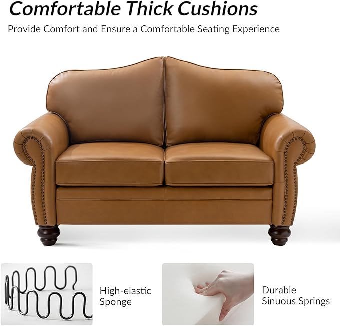 60" Wide Genuine Leather Chesterfield Loveseat, 2 Seat Leather Sofa
