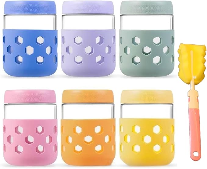 Overnight Oats Container 16 oz - 6 Pack with Silicone Sleeves for Glass Soup Containers with Lids - BPA Free, Leak Proof, Dishwasher Safe - Wide Mouth Jars for Yogurt, Meal Prep, Drinking & Storage