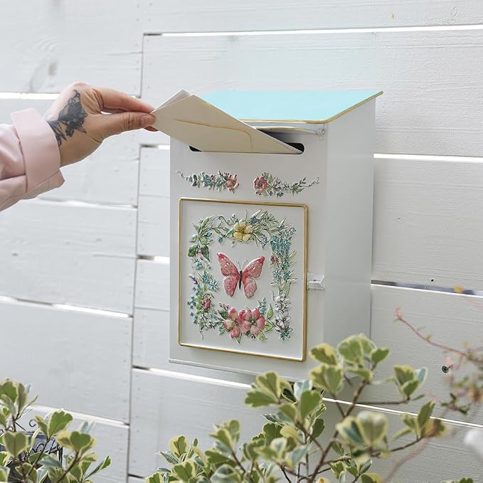 Mailbox Wall Mount Mailboxes for Outside Vintage Mail Boxes for House Outside Metal Drop Box Antique Style Nostalgic Charm Home Decorative, Butterfly Pattern, White