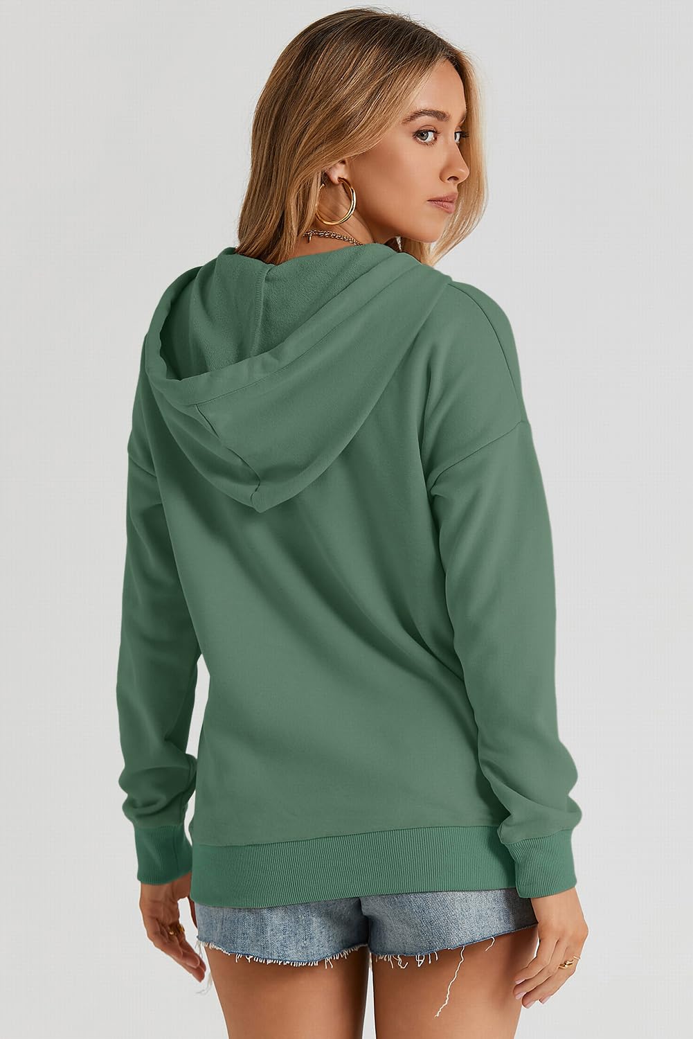 Dokotoo Hoodies for Women Early Fall Fashion Drawstring V Neck Long Sleeve Front Button Collar Hooded Pullover Hoodie with Pockets Winter Sweatshirt Loose Fit Casual Ladies Shirt Tops Green X-Large