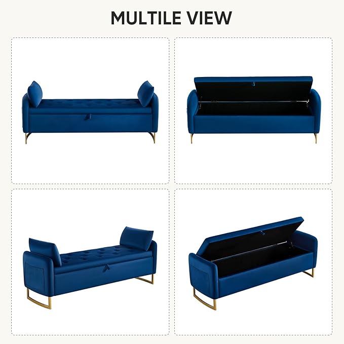 65" Storage Bench for Bedroom, Velvet End of Bed Bench, King Size Bed Benches