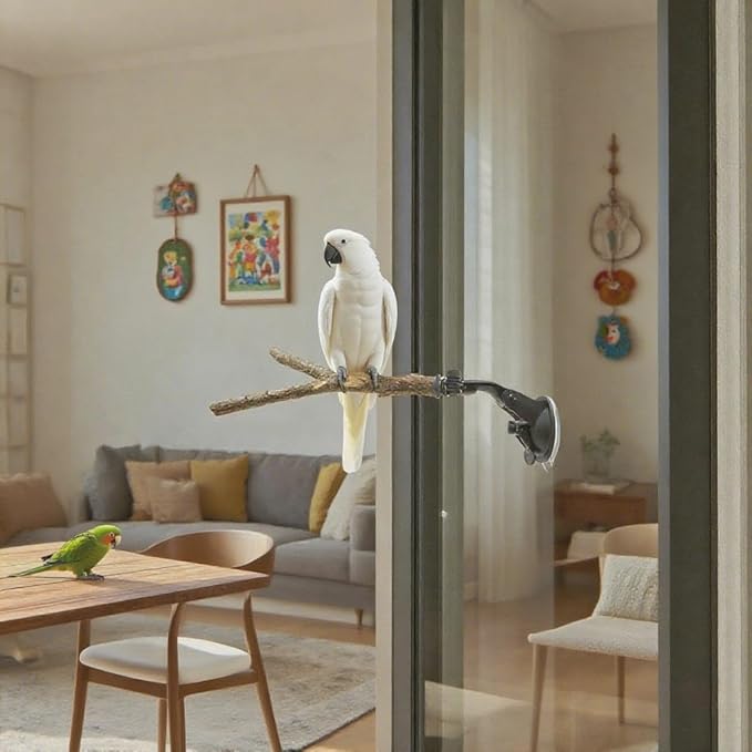 Bird Perch Stand 2 PCS, Parrot Perch Stand with Strong Suction Cup, Movable Perch Stand Bird Training Set, for Window Mirror Shower Bathroom Ceramic Tiles, for Cockatoo, Macaw, Parakeet