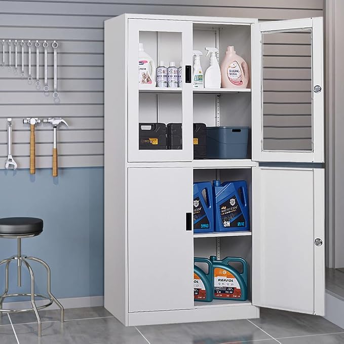 Metal Storage Cabinet with Doors and Shelves, 2 Adjustable Shelves, 4 Doors