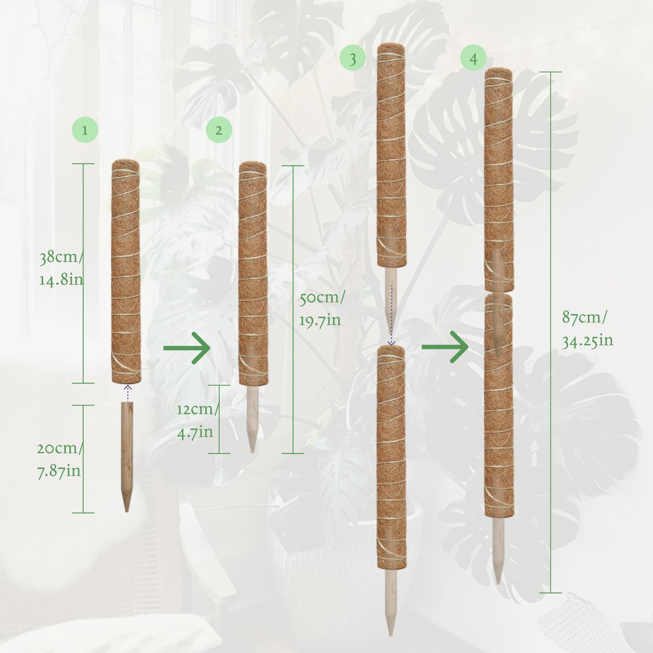 Moss Pole for Plants 4 Pack Natural Coco Coir Climbing Support Stakes with Plant Ties Indoor Monstera Plant Training Extension Poles 14.8inch Each Total 59.2inch