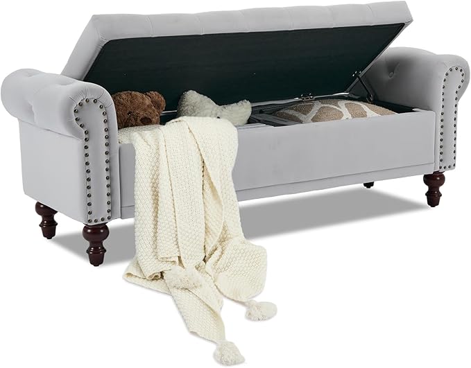 SOFTHION 58.1" Storage Bench Upholstered Velvet End of Bedroom Bed Bench Ottoman