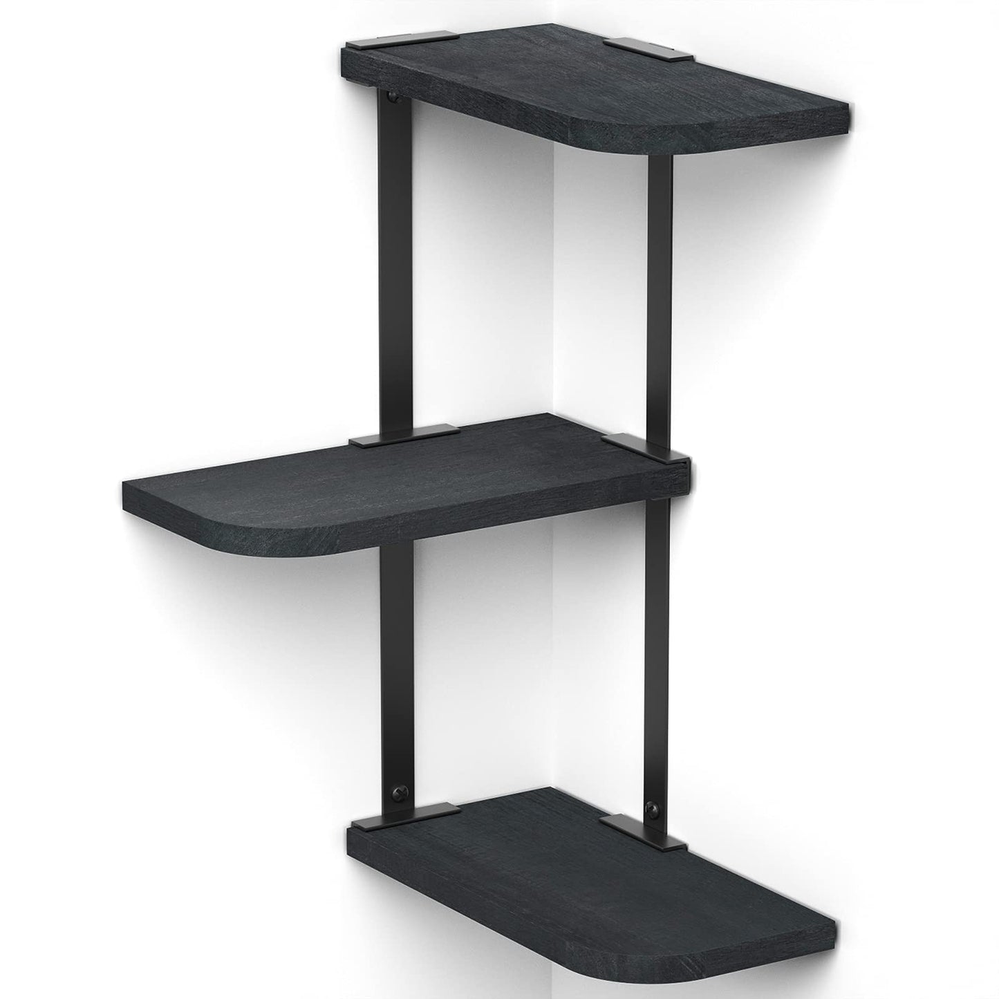 Love-KANKEI Corner Shelf Wall Mount of 3 Tier Rustic Wood Floating Shelves for Bedroom Living Room Bathroom Kitchen Office and More Black