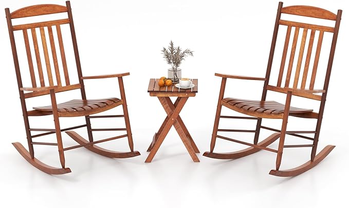 Tangkula 3-Piece Outdoor Poplar Wood Rocking Bistro Set, High Back Front Porch