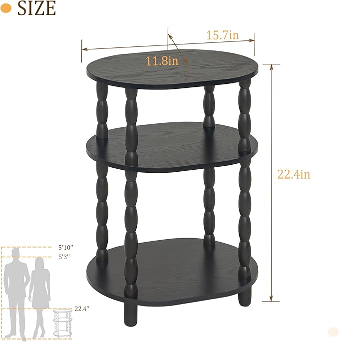 MaxSmeo Black Side Table, 3-Tier Small Oval End Table, Modern Night Stand Wood