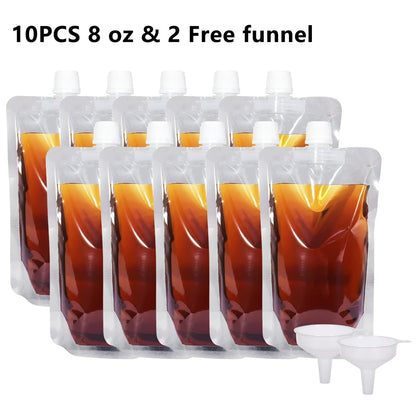 Keon Plastic Pouches - Leak-Proof, Reusable, Flexible Juice Bags, BPA-Free for Travel, Outdoor Sports, Concerts, Events (8OZ - 10PCS + 2 Funnels)