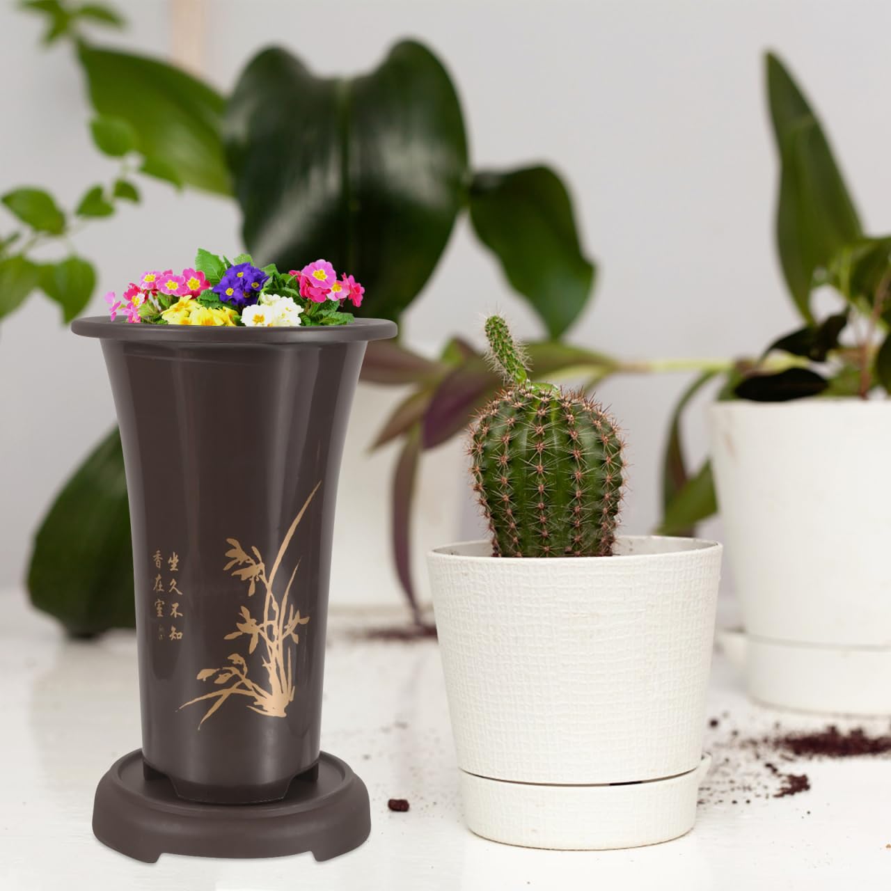 2-Pack Tall Orchid Pots with Drainage Trays, 9.4 Inch Plastic Breathable Planters for Cymbidium & Indoor Plants, Lightweight Chinese Style Bonsai Nursery Container