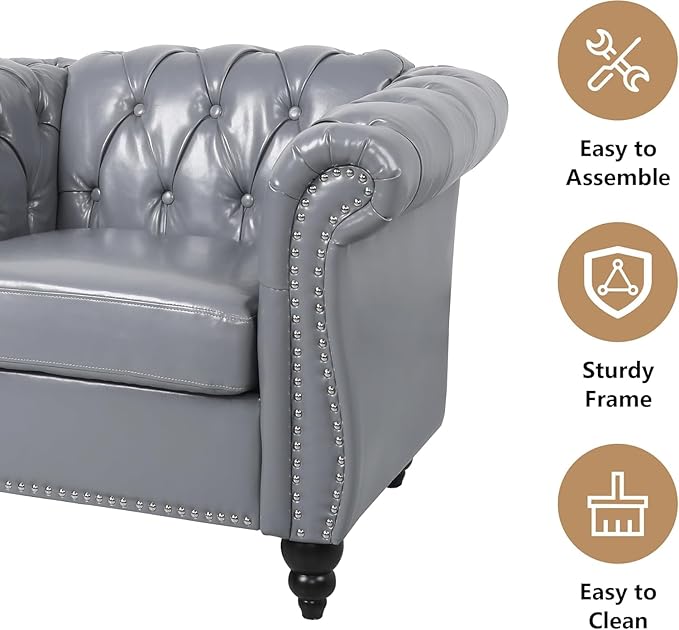 Mid-Century 3 Seater Sofa, Faux Leather Couch