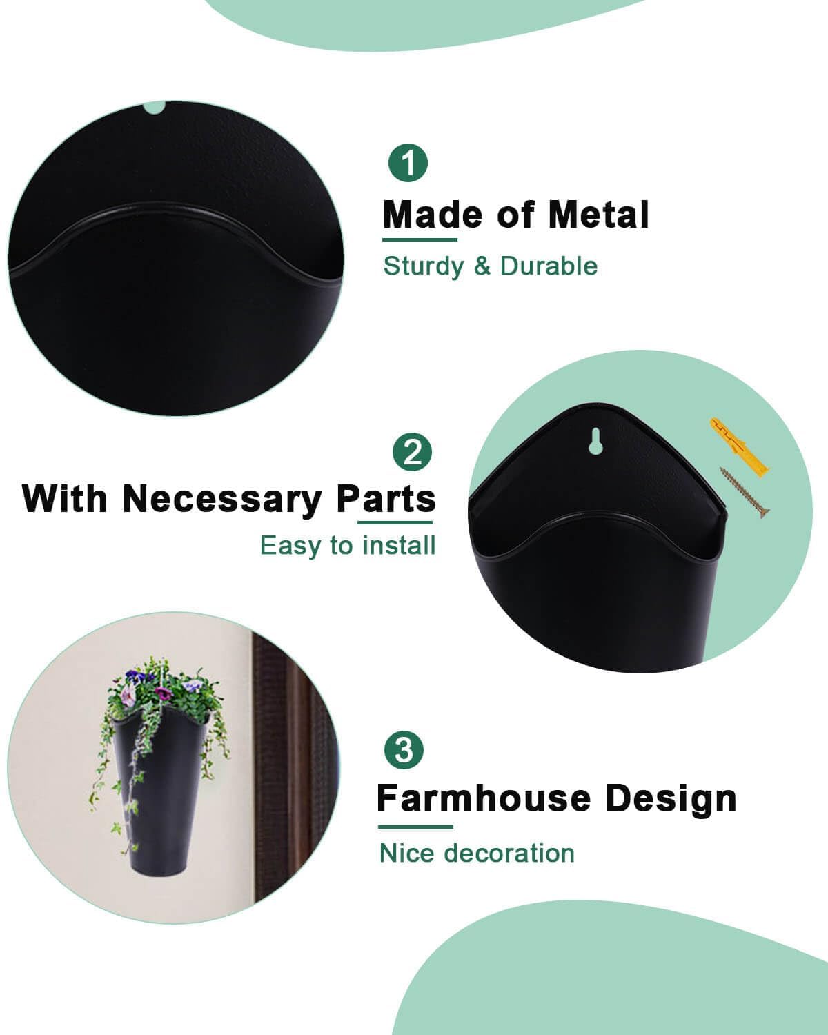 vensovo 12 Inches Galvanized Wall Planters - 2 Packs Metal Tin Vases for Flowers Indoors, Farmhouse Hanging Planter Tall Flower Holder for Country Decor Outdoors, Black