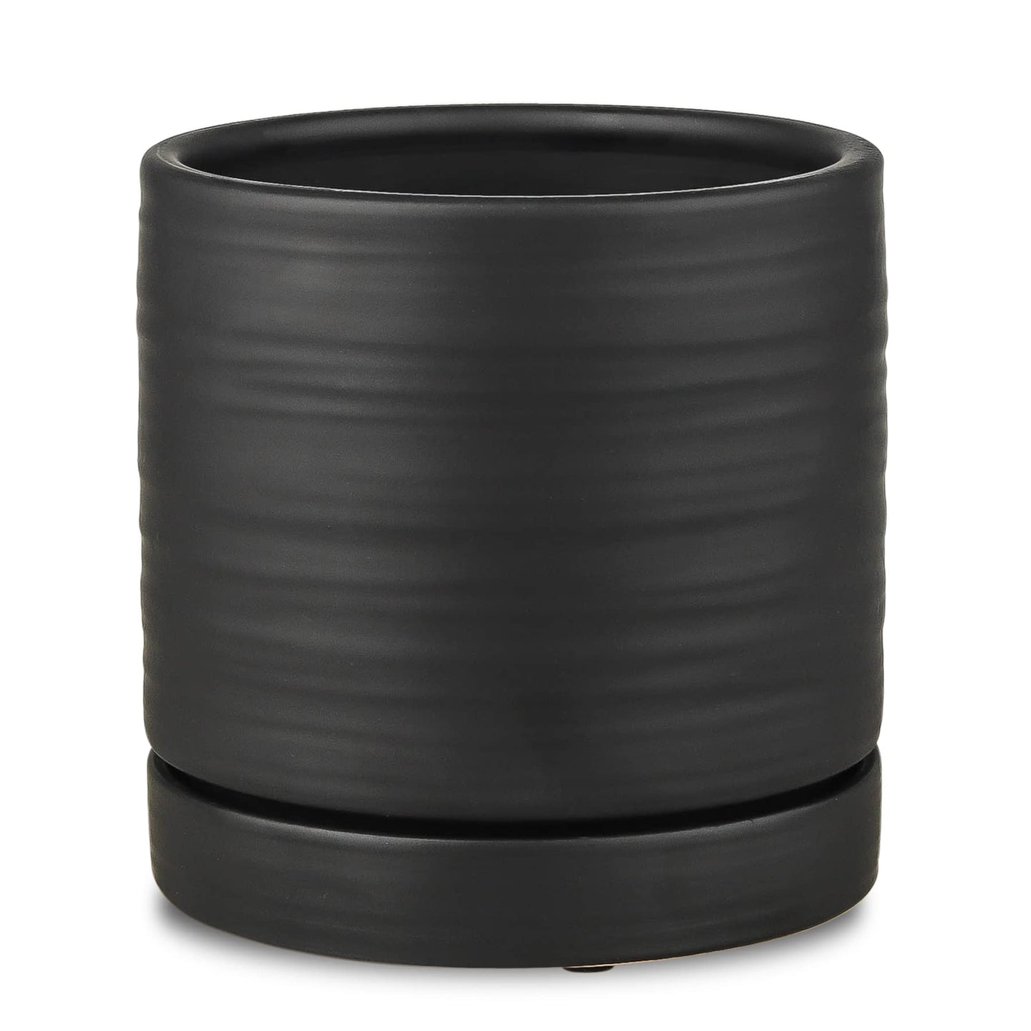HERDUK 6 Inch Plant Pots, Ceramic Planter Pot with Drainage Hole & Saucer, Indoor/Outdoor Cylinder Round Planter Pot, Matte Black