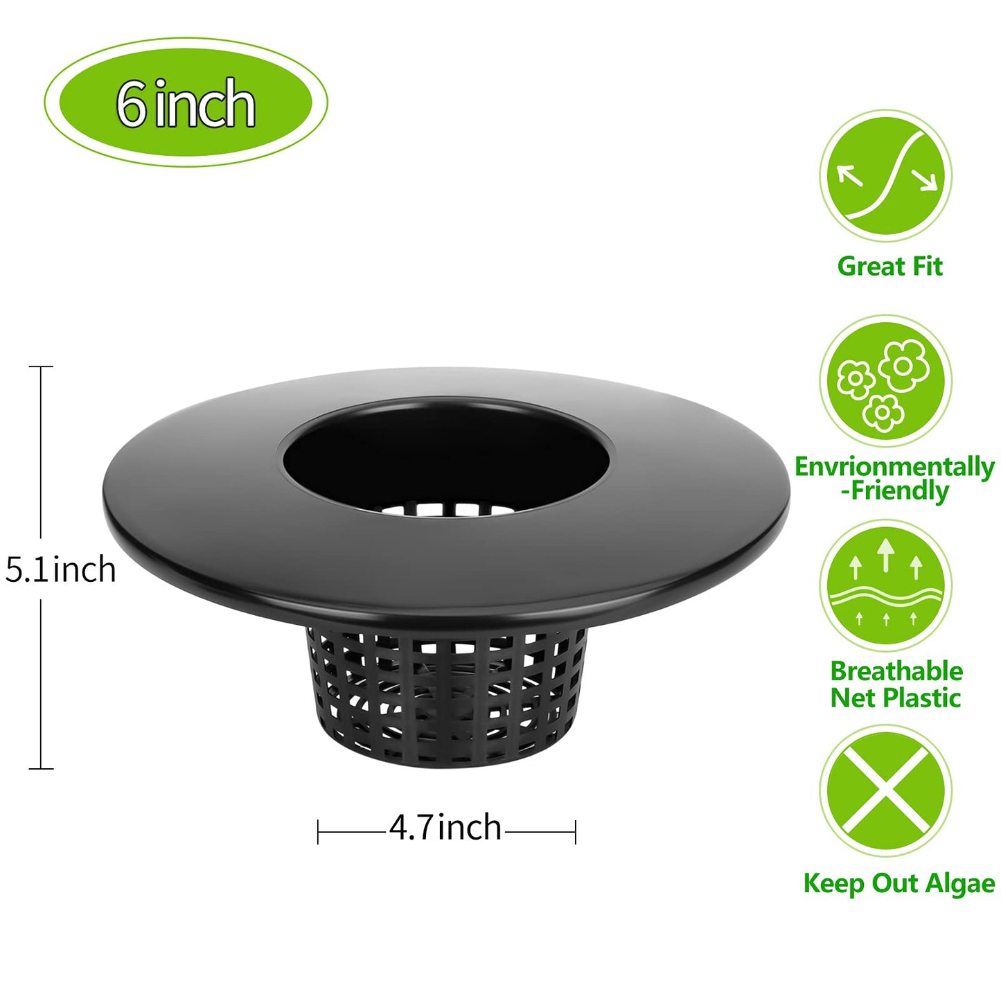 Tectsia 6 Inch Net Pots for 5 Gallon Bucket Wide Lids (5 Pack), Net Cups for Hydroponics Bucket Lids, BPA-Free, DWC Basket Lids for 5 and 3.5 Gallon Bucket