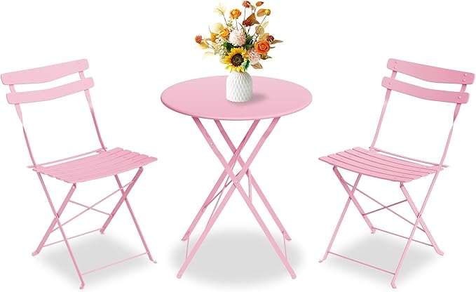 GarveeLife 3 Piece Patio Bistro Set, Folding Patio Bistro Table and Chairs Set