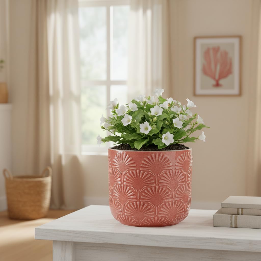 Xiaan Jiaju Boho Embossed Ceramic Flower Pot, 6.7 Inch Modern Planter Pots for Indoor Plants, Bohemian Chic Decorative Glazed Plant Pot with Fanburst Pattern, Coral Blush
