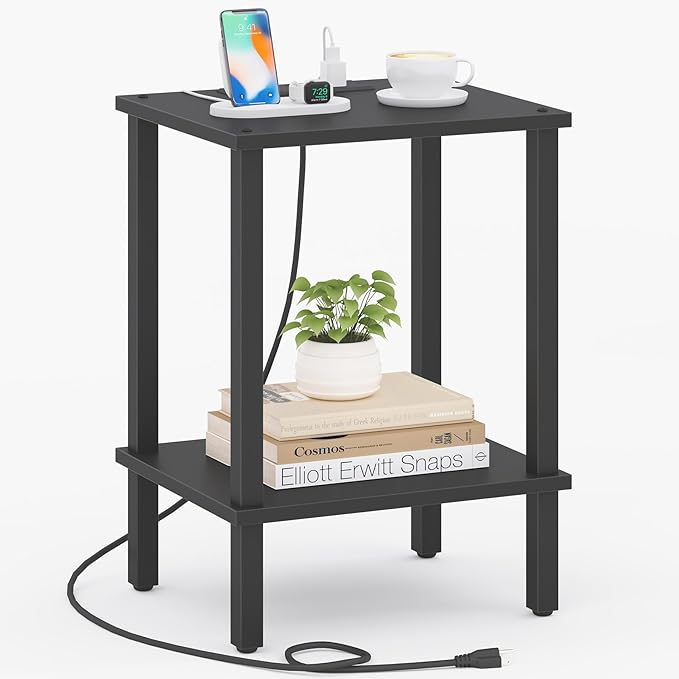 TUTOTAK End Table with Charging Station, Side Table with USB Ports and Outlets