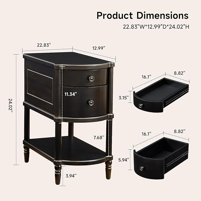 ONBRILL Narrow End Table with Charging Station, Pre-Assembled Nightstand with 2
