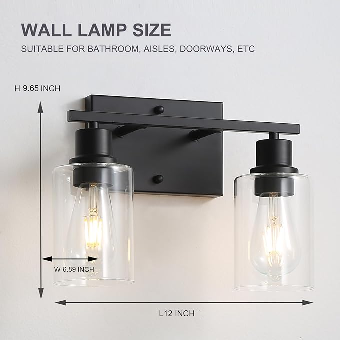 2-Lights Wall Lighting Matte Black Bathroom Vanity Light Fixtures,Vintage E26 Base Sconces with Clear Glass Shades, Farmhouse Modern Wall Lamp for Hallway,Bedroom,Living Room