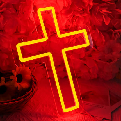 SYLHOME Cross Led Neon Light Sign Kids Bedroom Nursery Wall Sign Decor Christening Baby Shower Wedding Birthday Christmas Party Backdrop 11.8" X 8.66" USB Red