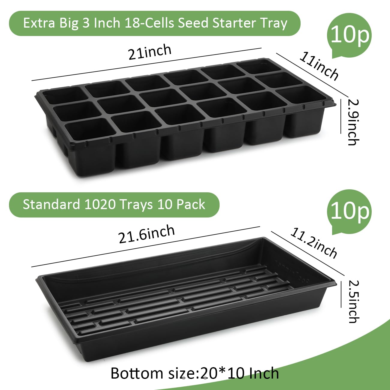RooTrimmer 3 Inch Square Pots 2.9" Deep 18 Cell Seedling Trays with Water Collection Nursery 1020 Trays No Holes for Seeds Starting and Transplanting (20"x10",10 Sets)