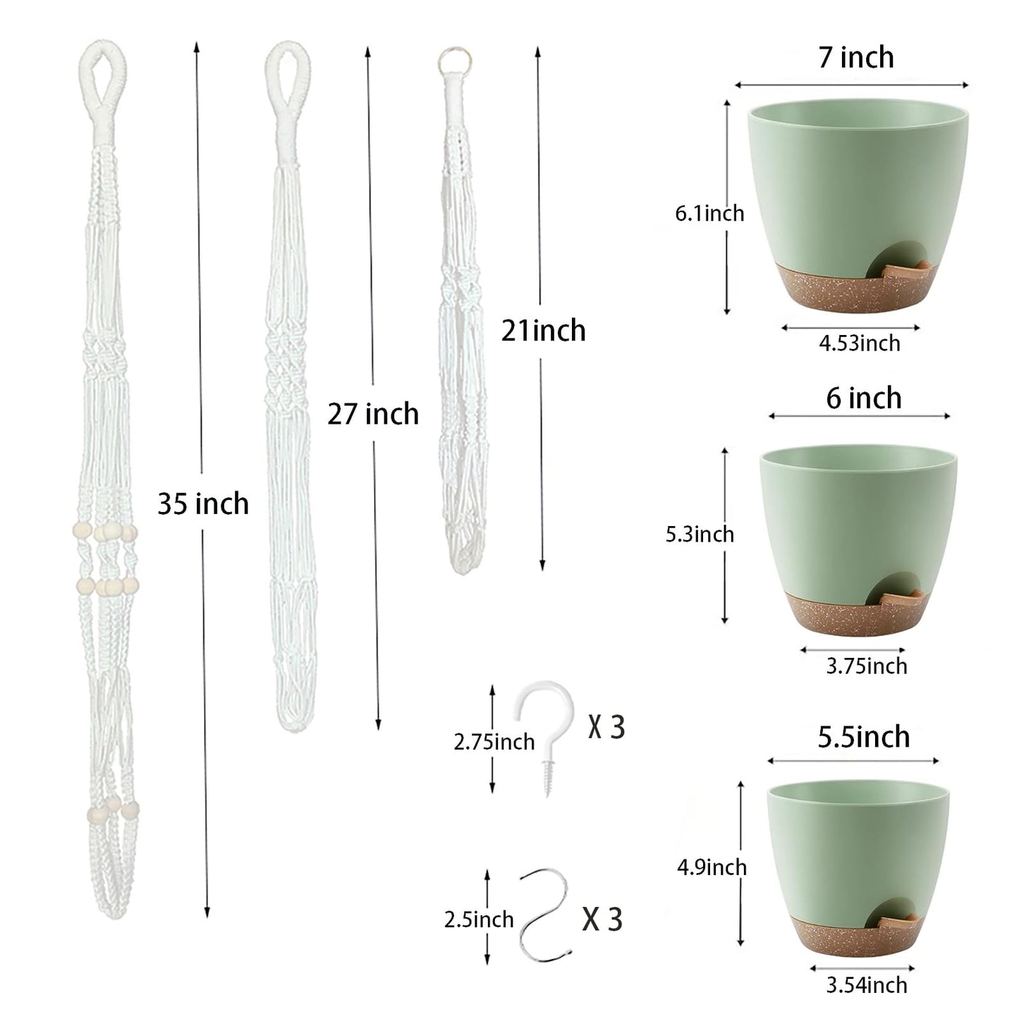 BLEAFLUV Hanging Planters with Macrame Plant Hangers for Indoor Outdoor Plants, 3 Set Hanging Baskets Flower Pots Holders 35''/27''/21'', Self-Watering Pots 7''/6''/5.5'', Boho Home Decor, Green
